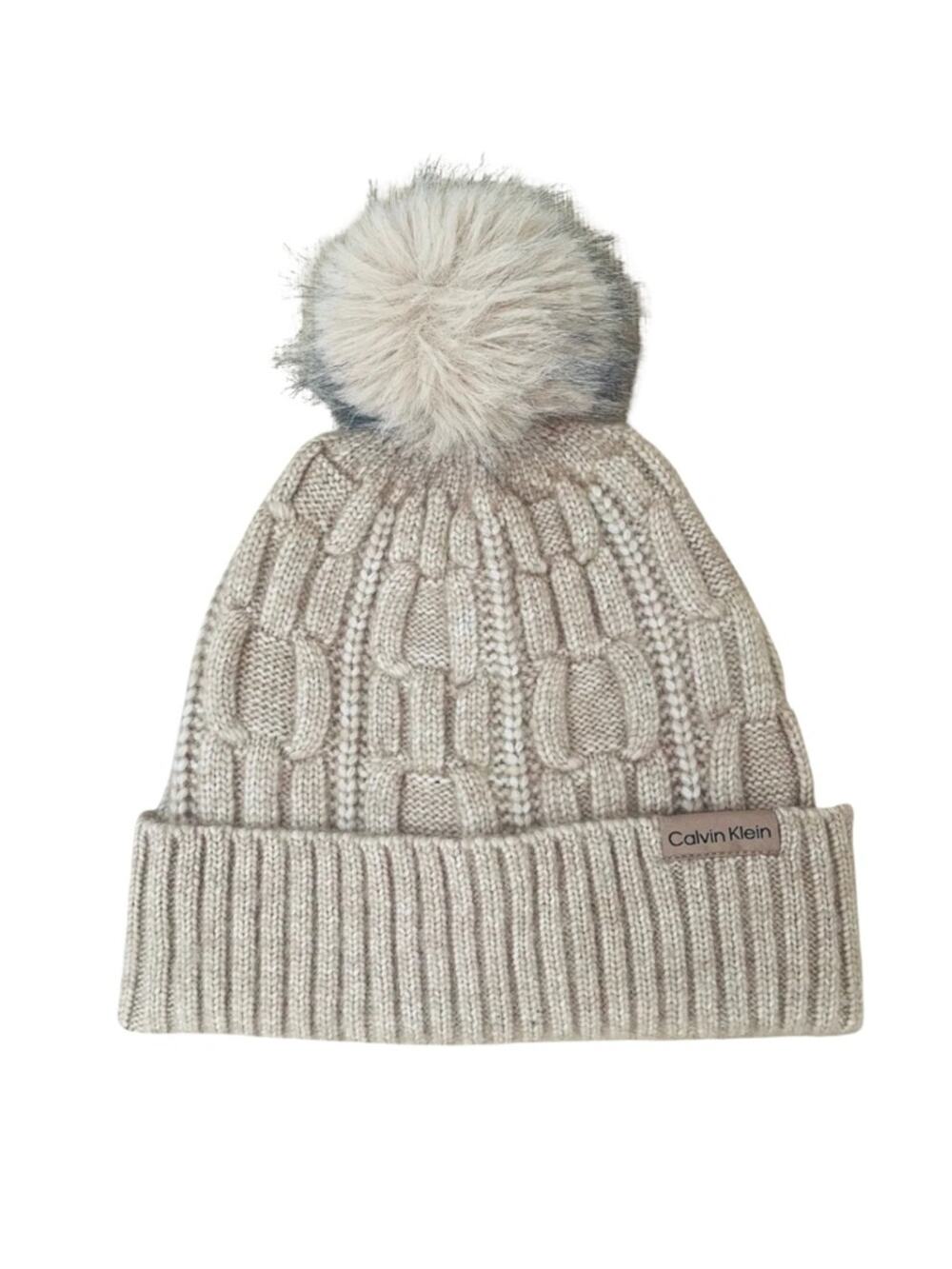 Calvin Klein Tan Ribbed Knit Beanie with Faux Fur Trim OS #0196